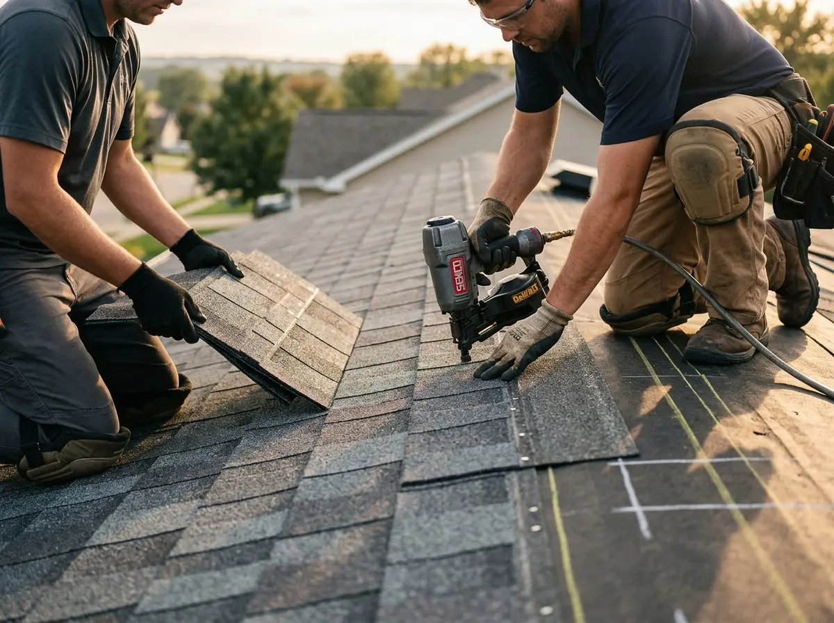 Professional roofer working on a residential roof in Marshalltown